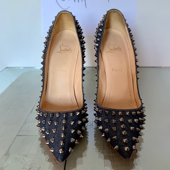 Christian Louboutin Blue Follies Spike Denim Pumps - Picture 3 of 5